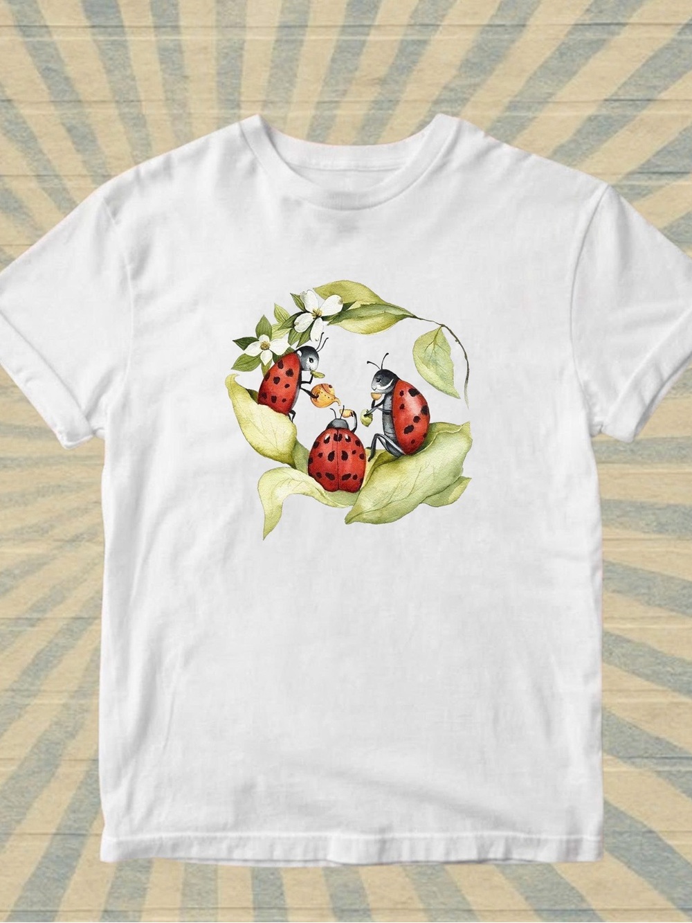 Gildan White Tee with Red Ladybug Family Graphic